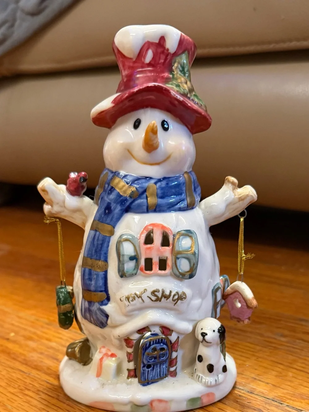 Ceramic Snowman Holiday Tealight Candle holder with Red Hat and Blue Scarf